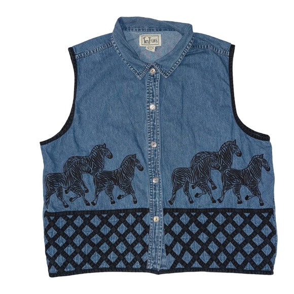 Tantrums Vintage Denim Zebra Embroidered Button Front Vest Womens 1X Blue Cotton - Picture 8 of 8